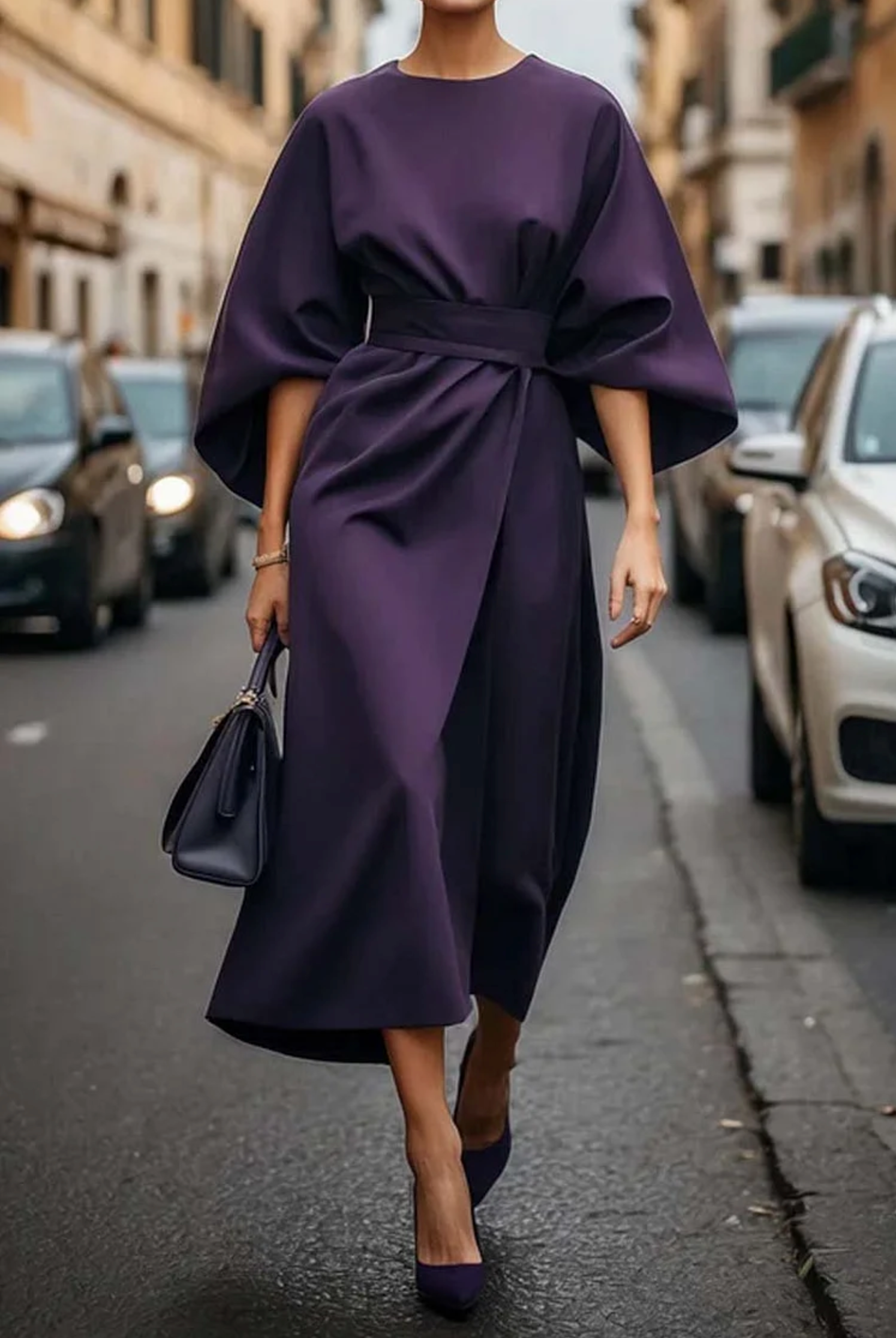 Midikleid Damen | Laternenärmel & Taillengürtel