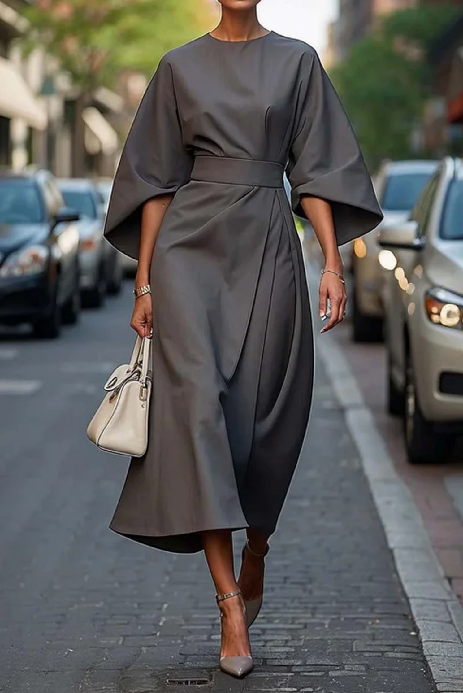 Midikleid Damen | Laternenärmel & Taillengürtel