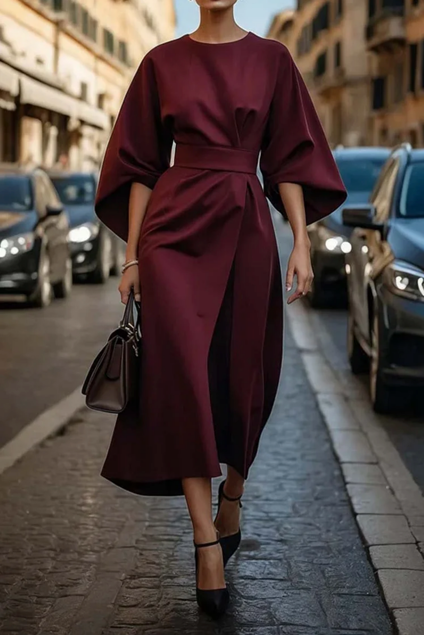 Midikleid Damen | Laternenärmel & Taillengürtel