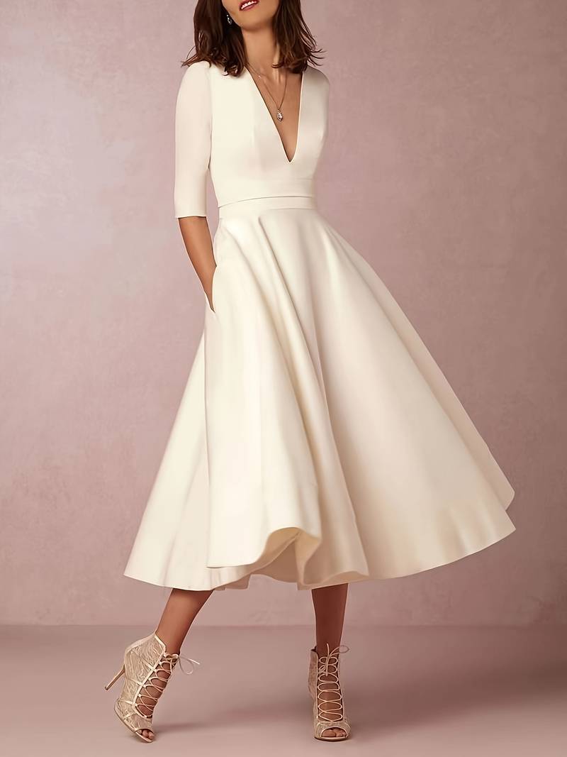 Midikleid Damen | Tiefer V-Ausschnitt & A-Linie