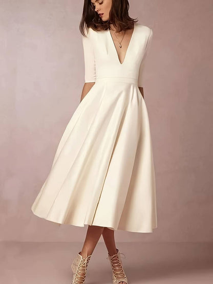 Midikleid Damen | Tiefer V-Ausschnitt & A-Linie