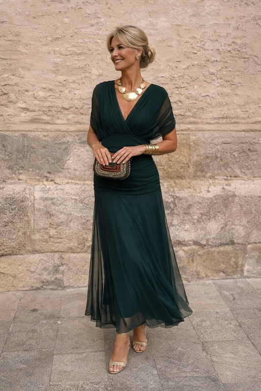Maxi Kleid Damen | V-Ausschnitt & Fließender Chiffon-Rock