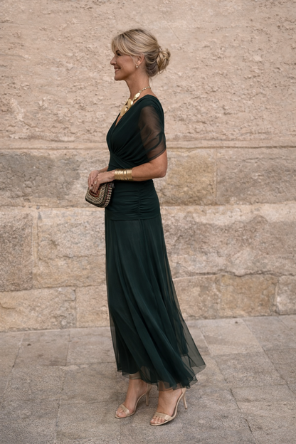 Maxi Kleid Damen | V-Ausschnitt & Fließender Chiffon-Rock