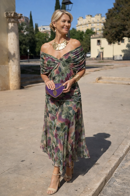 Maxi Kleid Damen | V-Ausschnitt & Fließender Chiffon-Rock
