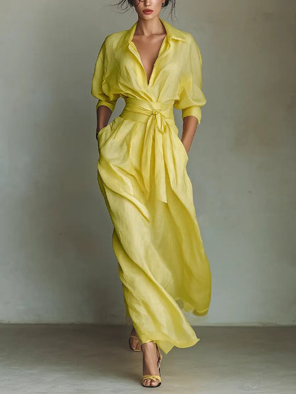Maxi Kleid Damen | Hemdkleid mit V-Ausschnitt & Gürtel