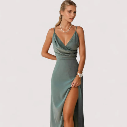 Maxikleid Damen | Satin-Wickeloptik & Hoher Beinschlitz