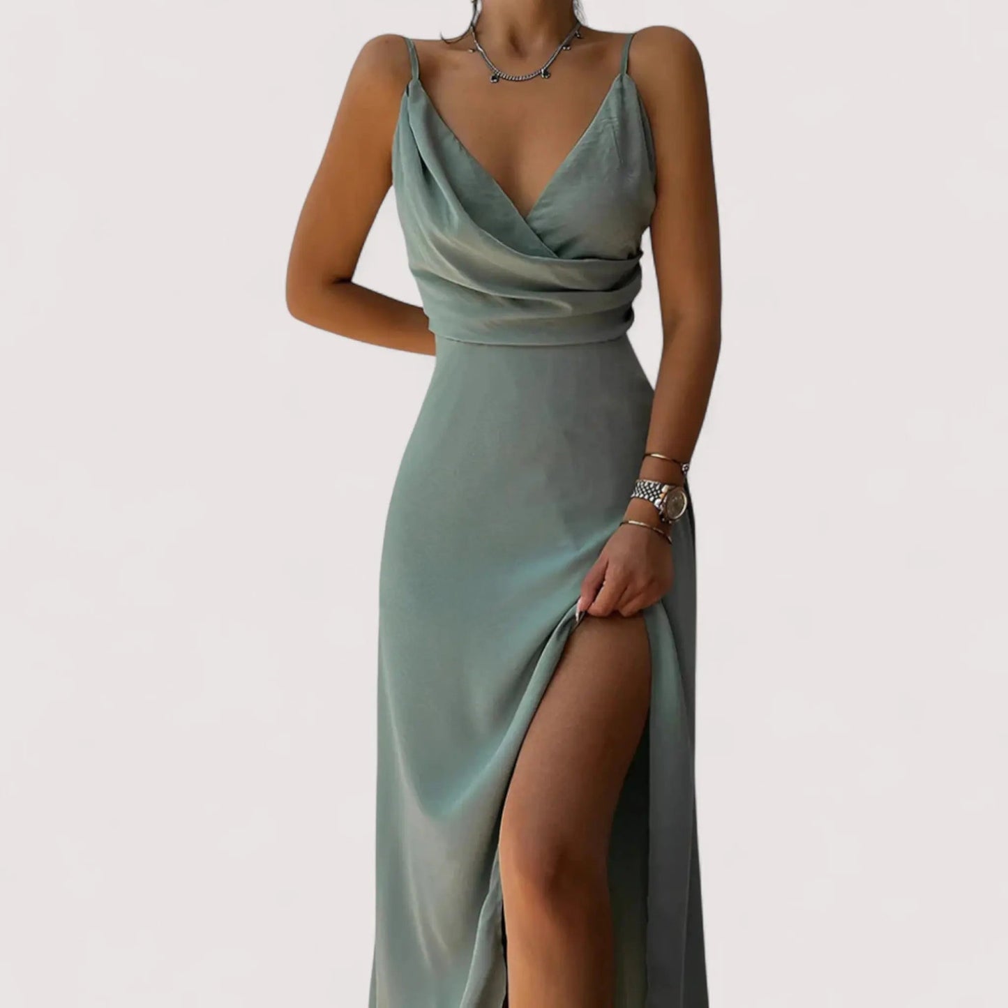 Maxikleid Damen | Satin-Wickeloptik & Hoher Beinschlitz