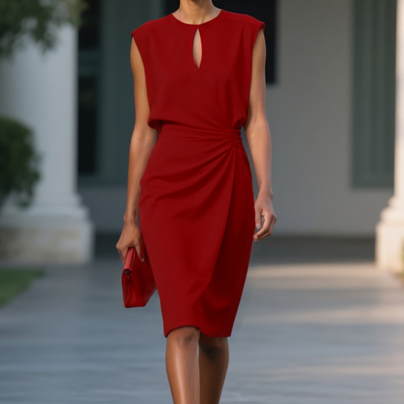 Midi Kleid Damen | Keyhole-Detail & Taillierte Raffung