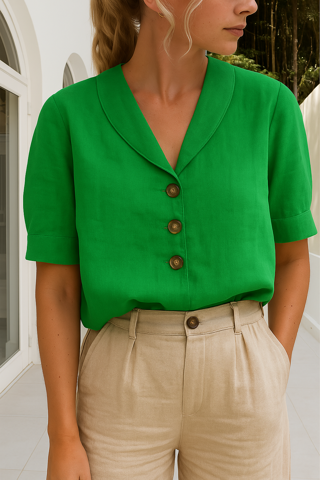 Bluse Damen | Schalkragen & Kurzarm Knopfleiste