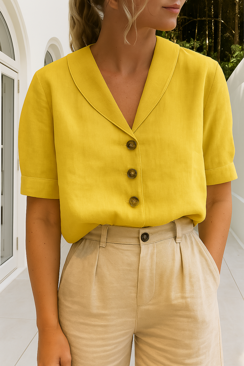 Bluse Damen | Schalkragen & Kurzarm Knopfleiste