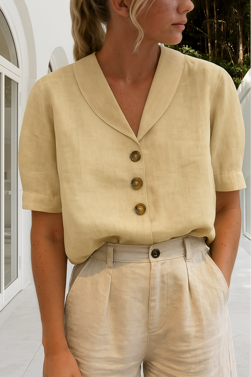 Bluse Damen | Schalkragen & Kurzarm Knopfleiste