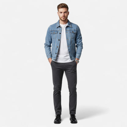 Men's denim jacket highlighting its slim fit silhouette