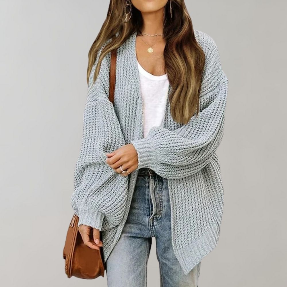 Gemütliche offene Strickjacke mit Bischofsärmeln 7