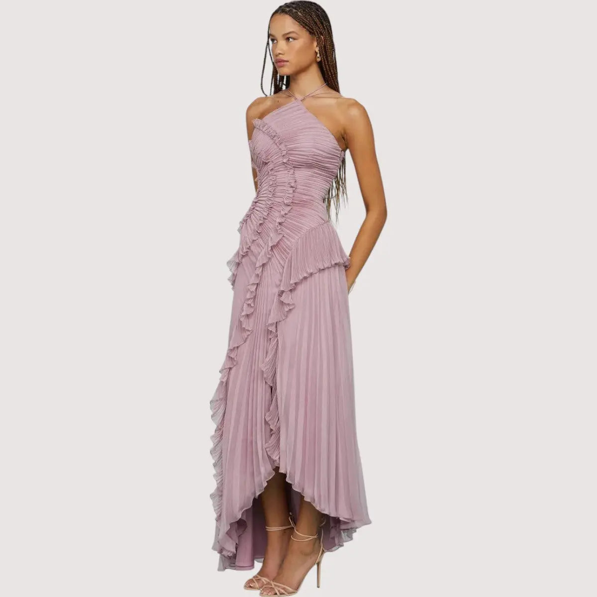 Maxikleid Damen | Plissee-Rüschen & Asymmetrischer Festlook