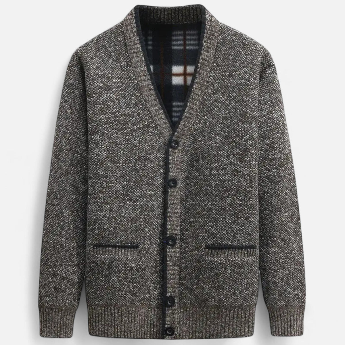 Men's cardigan sweater styled over a casual shirt