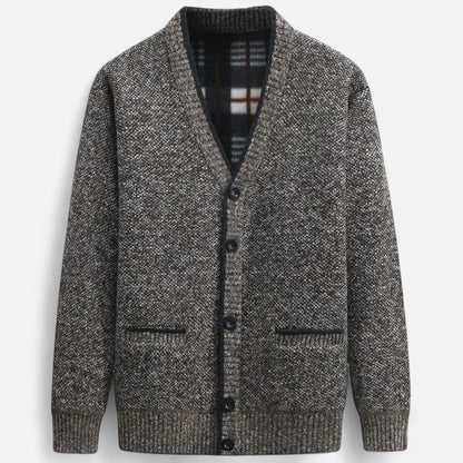 Men's cardigan sweater styled over a casual shirt