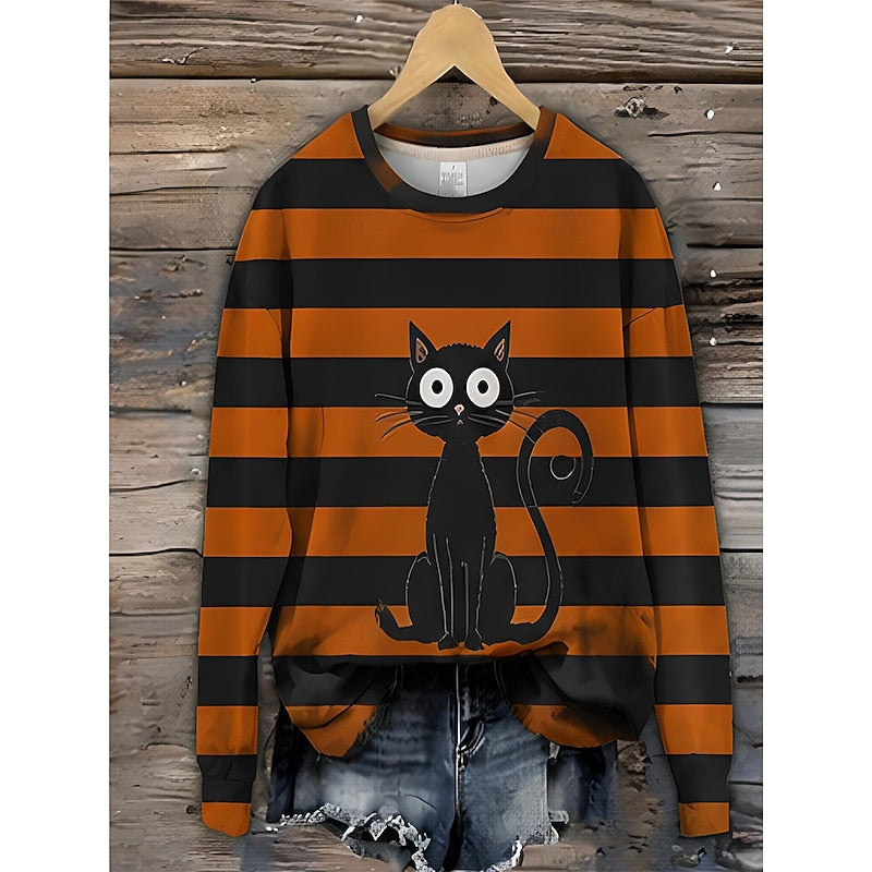 Gerdwulf | Damen Halloween Sweatshirt Gestreift mit Katze - Image 1