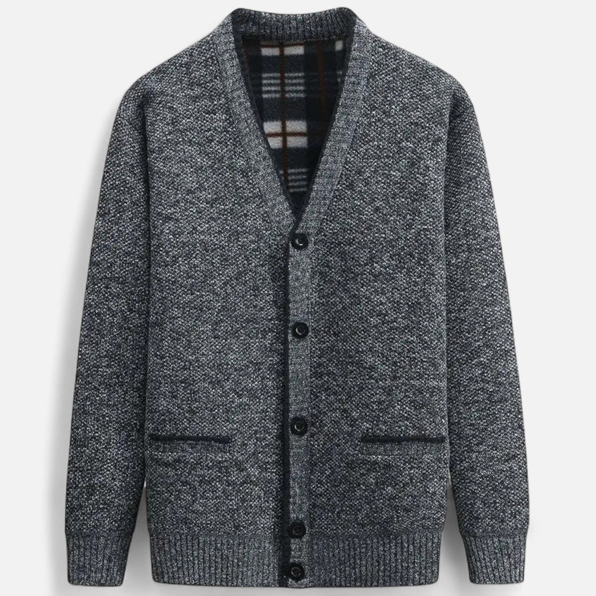 Close-up of the cardigan sweater's textured knit fabric
