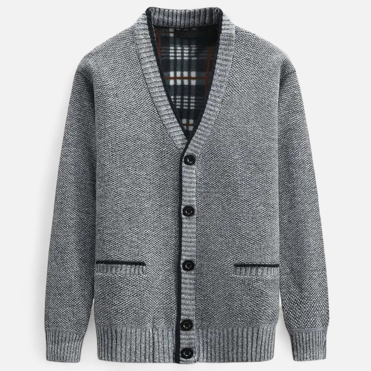 Side view showing the fit and long sleeves of the men's cardigan