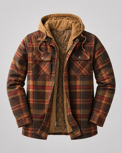 Men's hooded plaid shacket displayed as a versatile outerwear piece