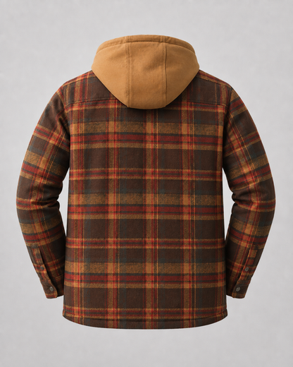 Side view of a men's hooded plaid shacket with long sleeves