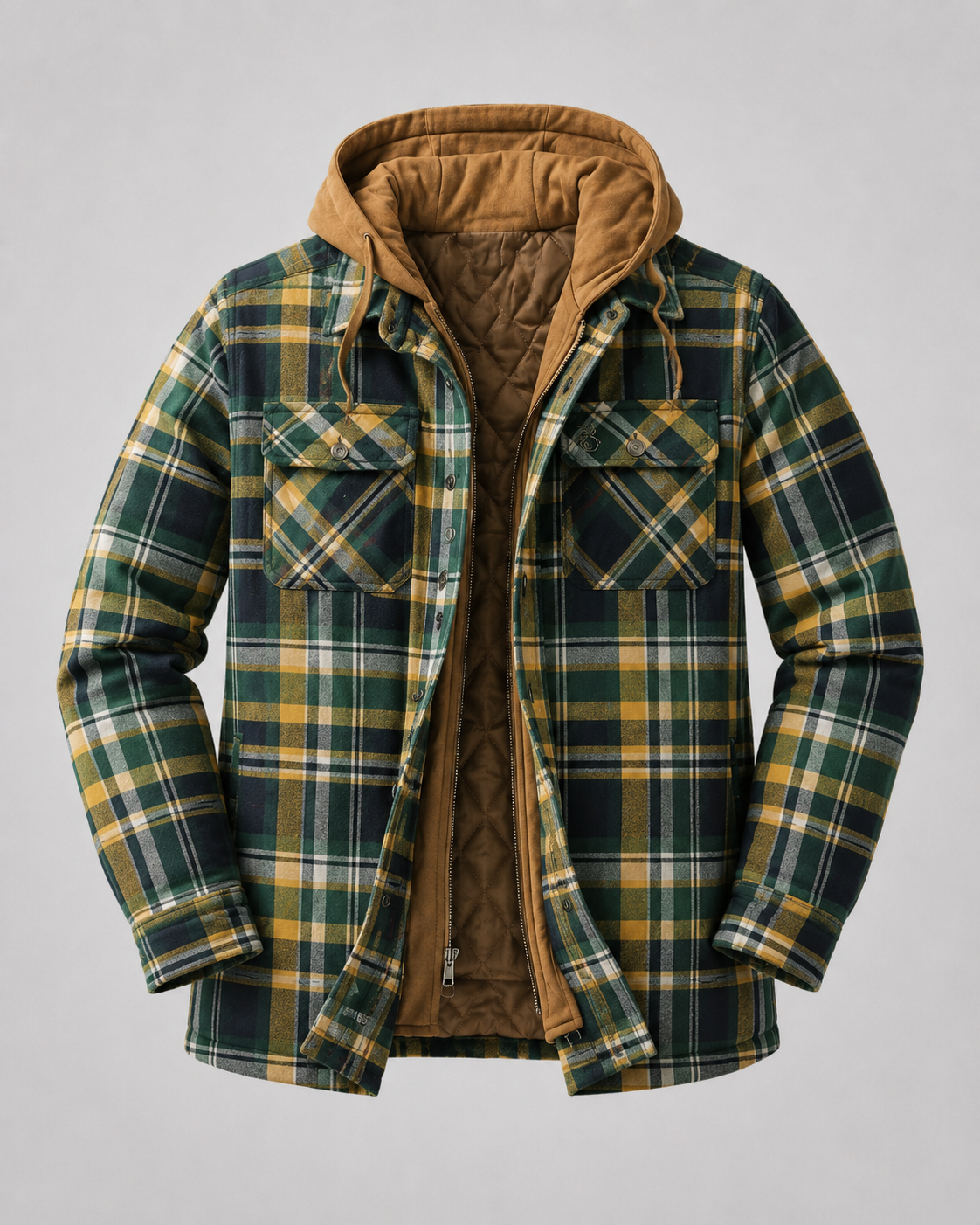 Back view of the men's plaid shacket showing the hood and outer layer