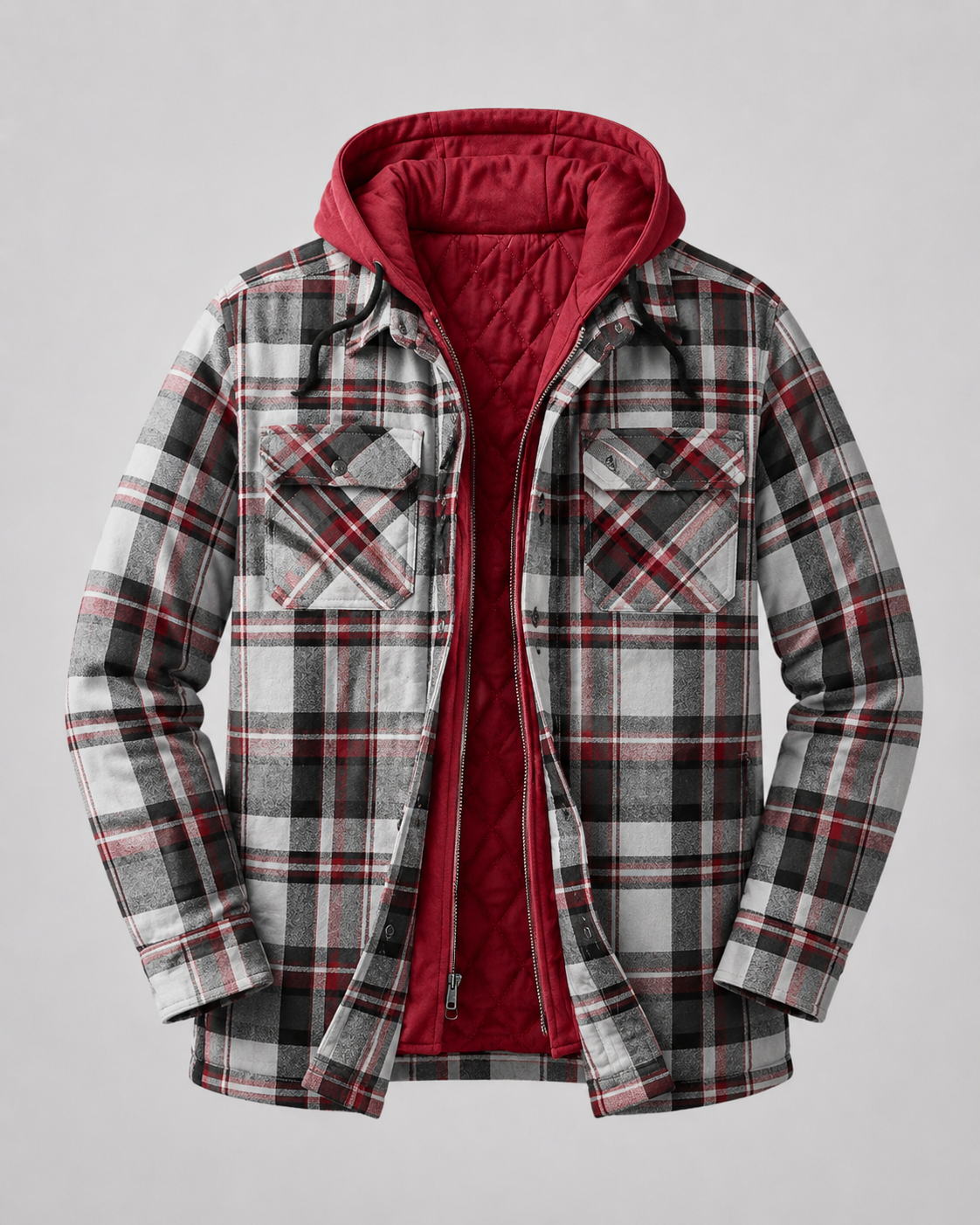Front pocket detail on the men's hooded plaid shacket