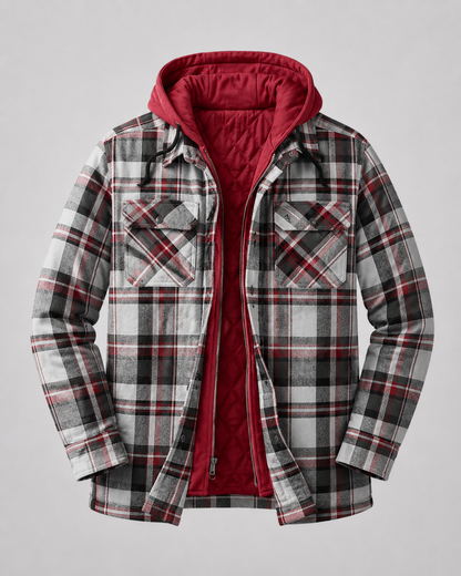 Front pocket detail on the men's hooded plaid shacket