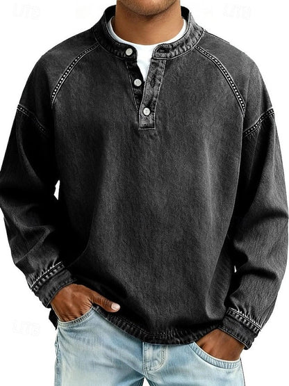 Herren Retro Henley Knit Sweater Langarm Used-Look Pullover - Schwarz