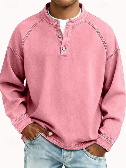 Herren Retro Henley Knit Sweater Langarm Used-Look Pullover - Pink