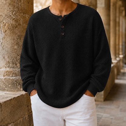 Men's waffle knit Henley sweater shown from the back