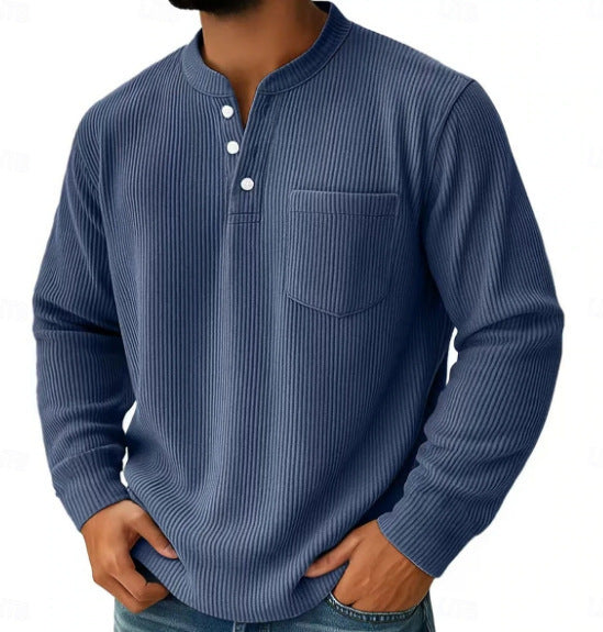 Side view of the waffle knit Henley shirt showing its relaxed shape