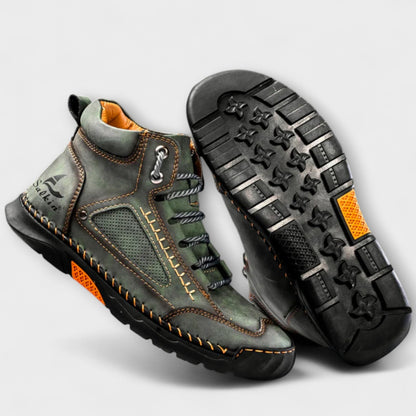 Close-up view of men's leather boots highlighting the leather upper