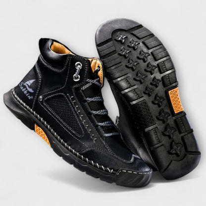 Men's leather boots shown together for a coordinated footwear look