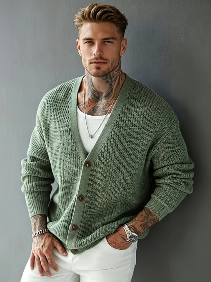 Men's button-front cardigan sweater featuring a ribbed knit texture