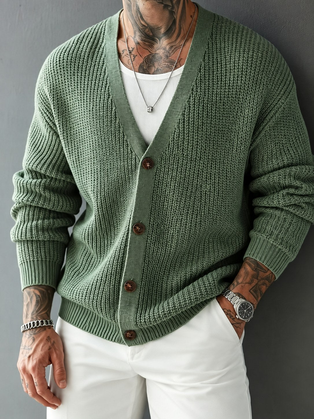 Men's ribbed V-neck cardigan sweater shown from the front