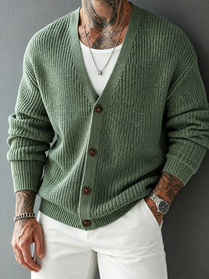 Men's ribbed V-neck cardigan sweater shown from the front