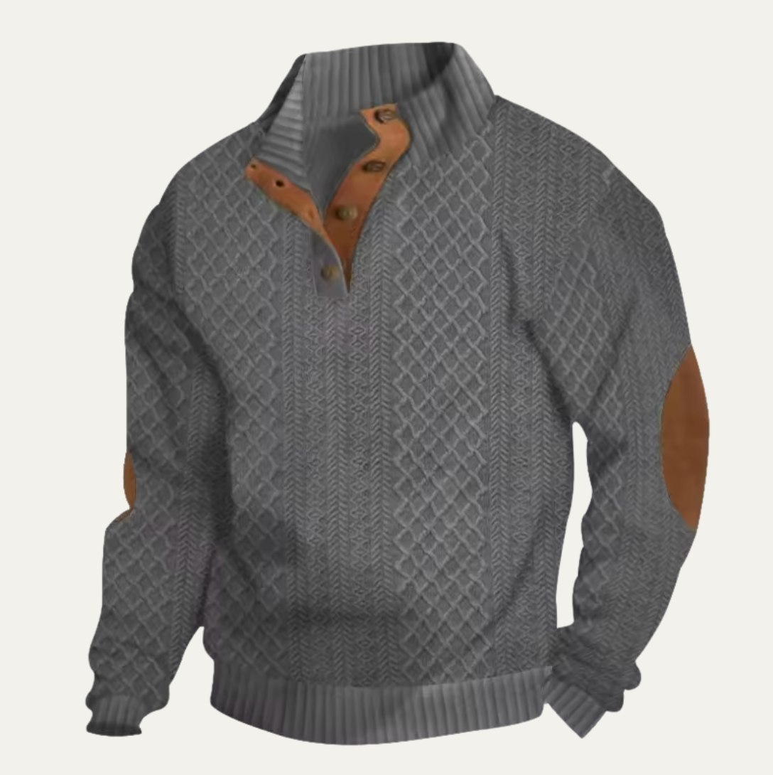 Men's cable-knit button-front cardigan displayed from the front