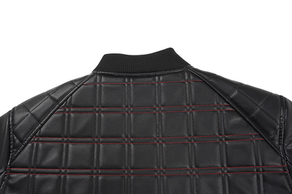 A close-up of a  Black Quilted Faux Leather Moto Jacket