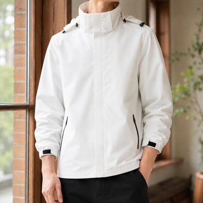 Close-up of the concealed zip on the men's hooded jacket