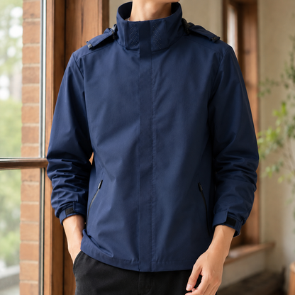 Side view of men's hooded jacket with long sleeves