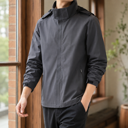 Detail view of the hood and neckline on the men's jacket