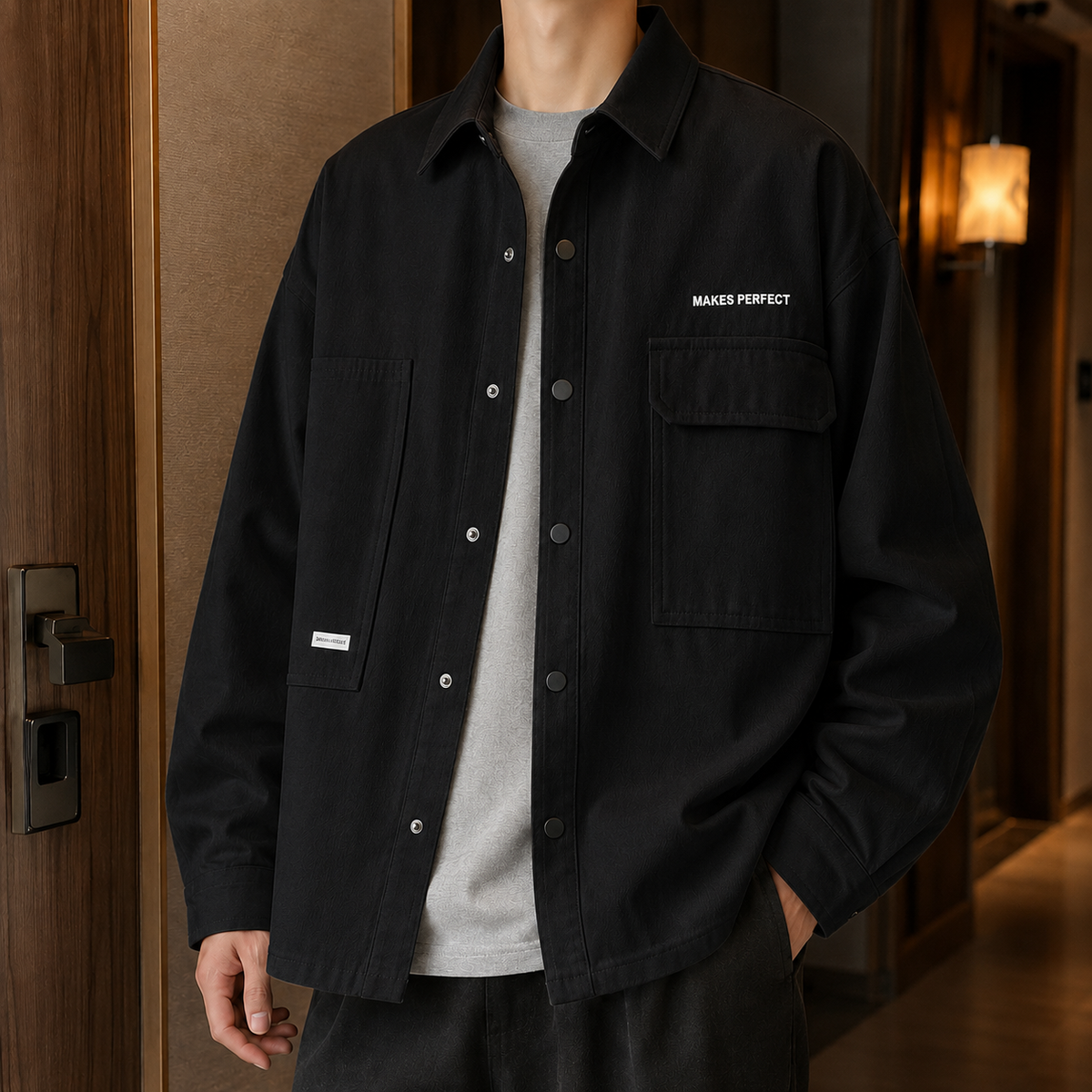 Close-up of the men's utility jacket showing its front pockets and details