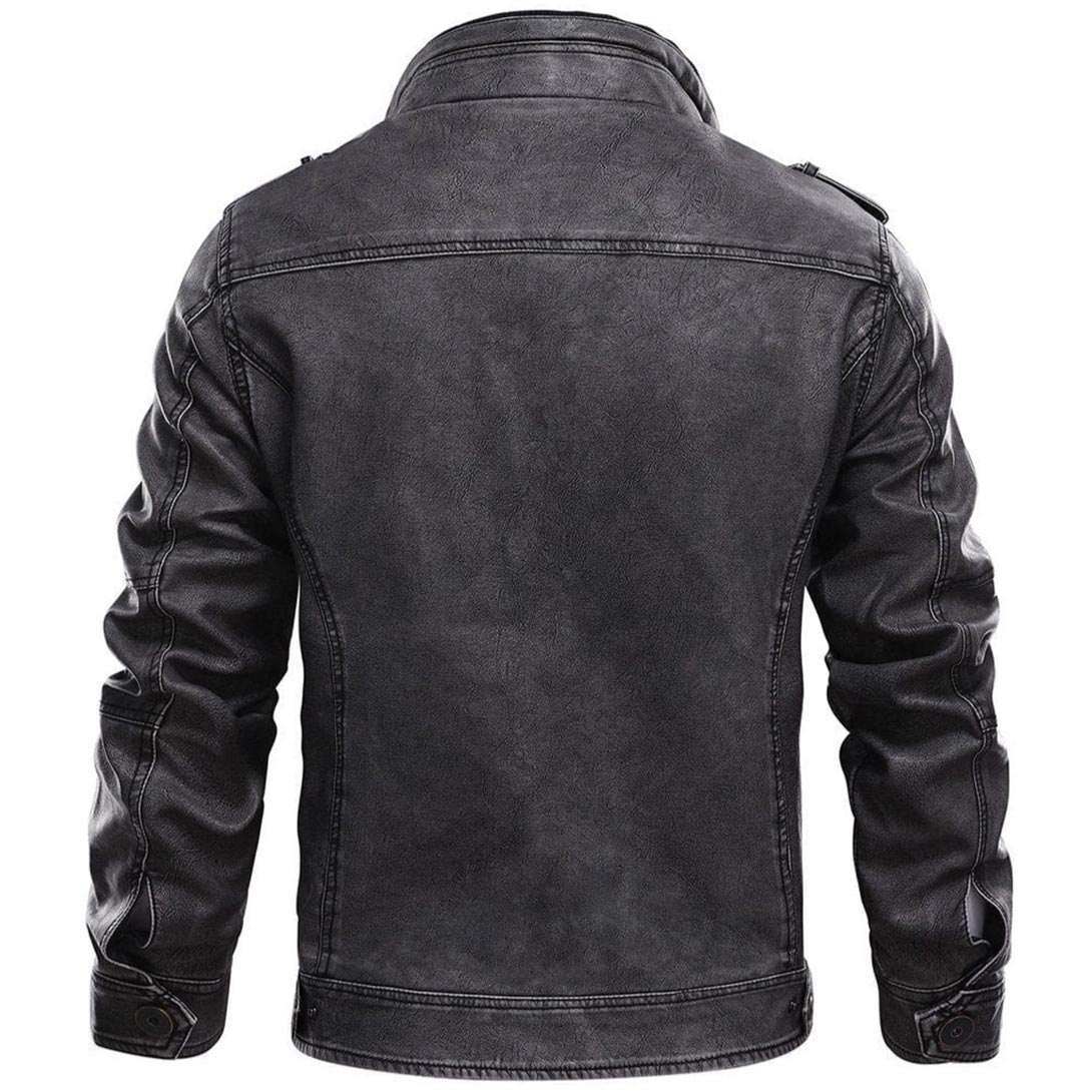 black leather jacket with zipper pockets