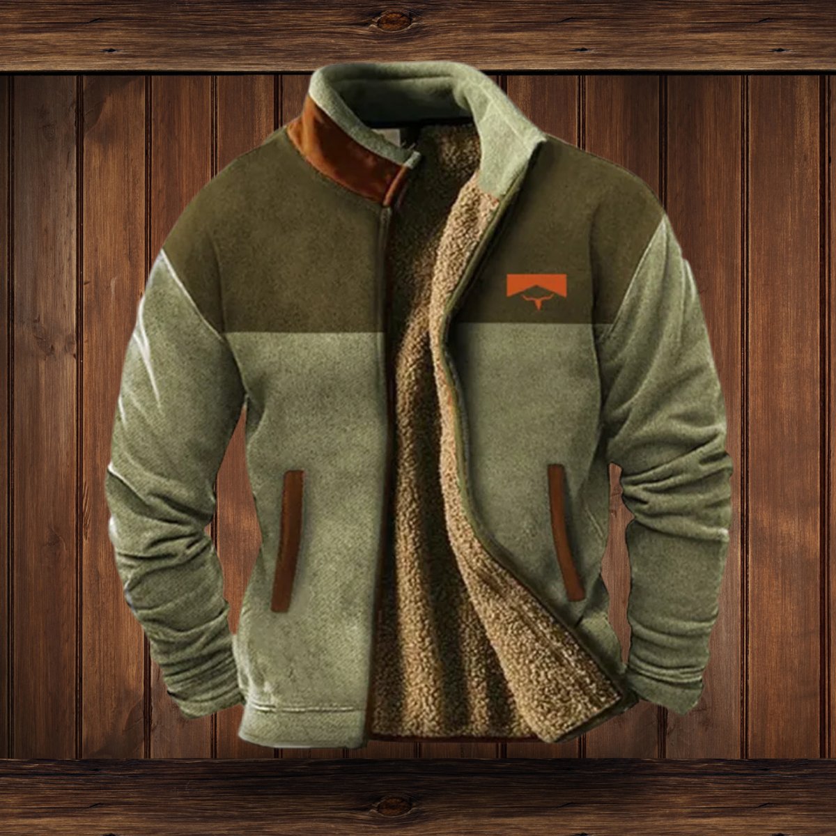 Herren Fleece-Outdoorjacke mit Azteken-Muster Sherpa-Futter Reißverschluss - Grün