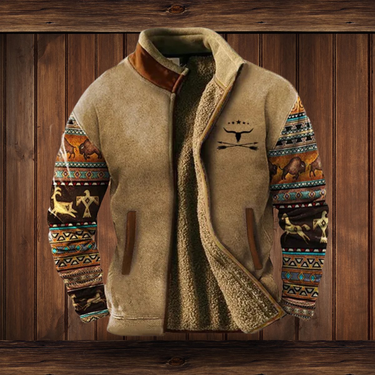 Herren Fleece-Outdoorjacke mit Azteken-Muster Sherpa-Futter Reißverschluss - Braun 2