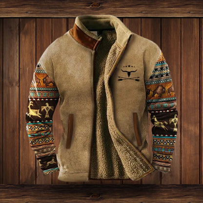 Herren Fleece-Outdoorjacke mit Azteken-Muster Sherpa-Futter Reißverschluss - Braun 2