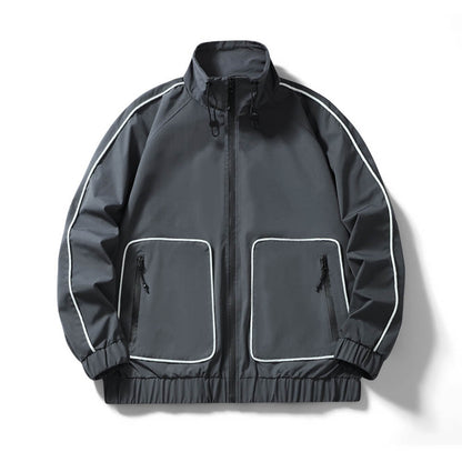 Back view of men's reflective jacket with water-resistant finish