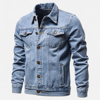 Men's slim fit denim jacket shown from the front