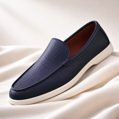 Top view of men's leather loafers with rounded toe